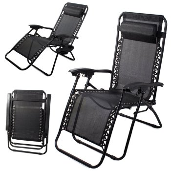 Garden Beach Deck Chair Folding Sunbed with Cup Holder, Black