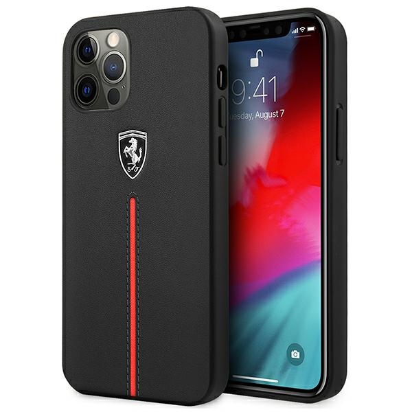 Ferrari iPhone 12 Pro Max Case Off Track Leather Nylon Stripe, Black