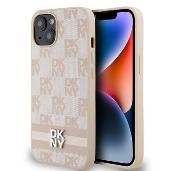 Apple iPhone 14 6.1'' DKNY Leather Checkered Mono Pattern Printed Stripes Case Cover, Pink