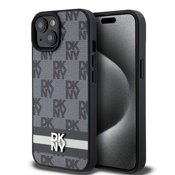 Apple iPhone 14 6.1'' DKNY Leather Checkered Mono Pattern Printed Stripes Case Cover, Black