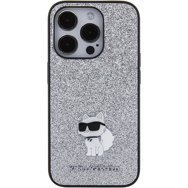Apple iPhone 15 Pro Max 6.7'' Karl Lagerfeld Fixed Glitter Choupette Logo Metal Pin Case Cover, Silver (1)