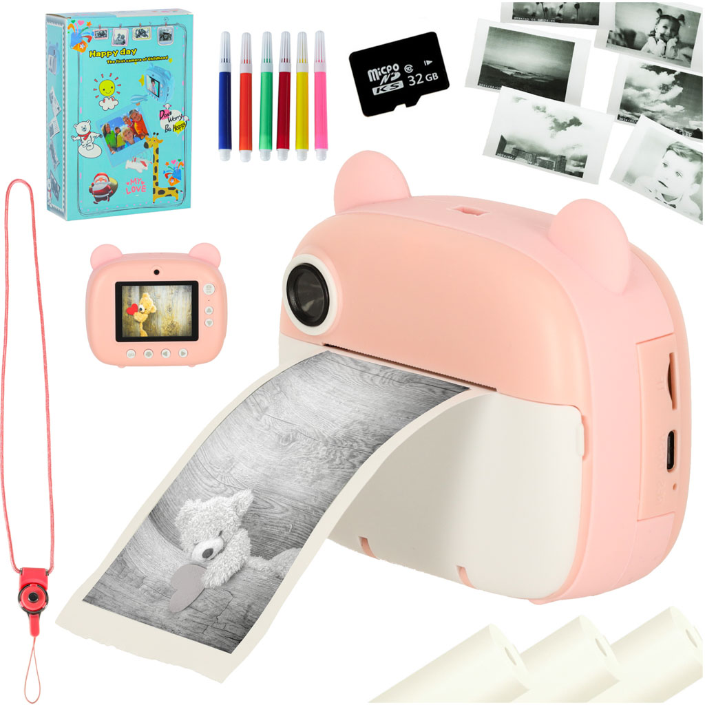 Instant Kids Camera with Thermal Printer, 32GB, Pink bear