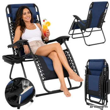 Gravity Folding Garden Lounger with Soft Cushion, Navy Blue & Black