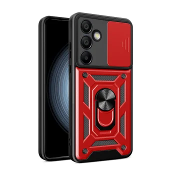 Hybrid Armor Camshield Case for Samsung Galaxy S24 FE with Camera Cover, Red