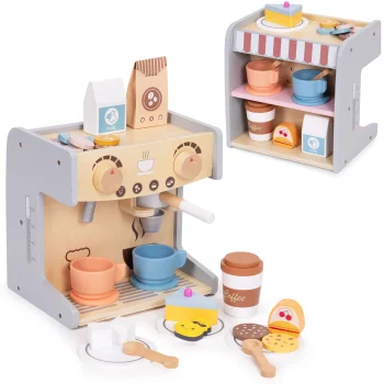Ecotoys 2-in-1 Wooden Coffee Machine and Shop for Kids, 26 Accessories