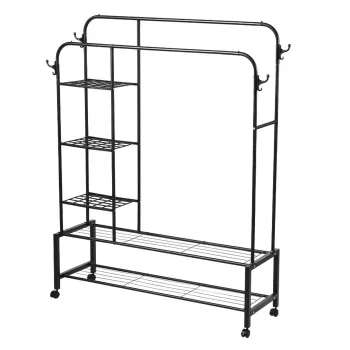 Double Clothes Rack Stand with Shelves and Side Hooks