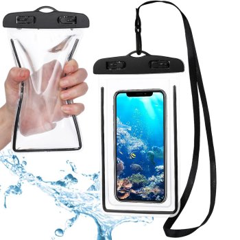 Waterproof phone case for pool, beach, kayak, up to 6.5”, black