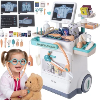 Kids Doctor Trolley Playset with EKG and Light & Sound Effects, 26 Pcs, White-Blue-Grey