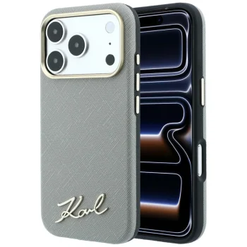 Karl Lagerfeld Saffiano Script Metal Logo MagSafe Case iPhone 17/18 Pro Max Beige