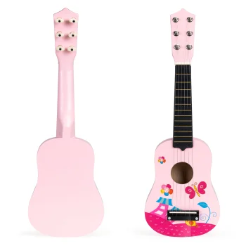 Ecotoys Wooden Kids Guitar with Metal Strings and Pick, Pink