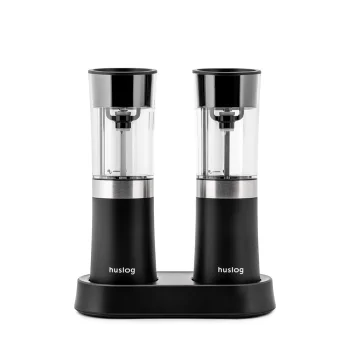 Huslog Electric Gravity Salt and Pepper Grinder Set with Base, Black