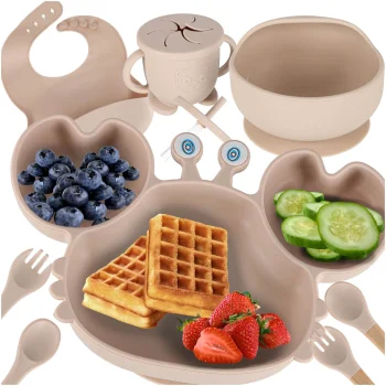 Ikonka KX4526_5 Silicone Baby Tableware Set Crab, 9 Pieces, Beige