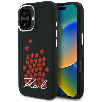 Karl Lagerfeld Silicone Heart Sign Logo MagSafe dėklas iPhone 16, juodas