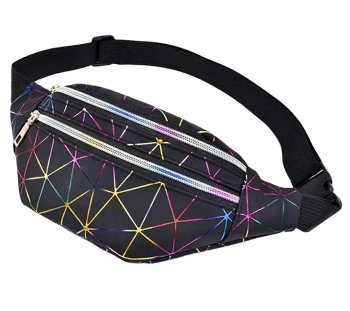 Waterproof waist bag with adjustable strap, black with rainbow stitching