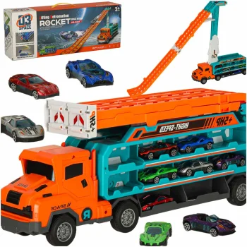 Car Carrier Truck with Racing Track and 6 Cars, Orange