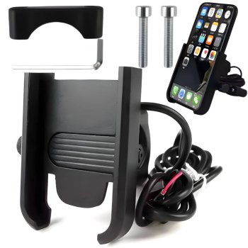Motorcycle Phone Mount with USB Charger, Adjustable Handlebar Holder, Black