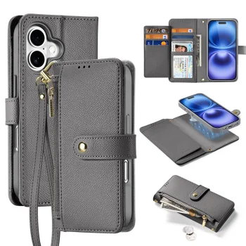Dux Ducis Lawa Leather Case for iPhone 16 with Detachable Wallet, Gray