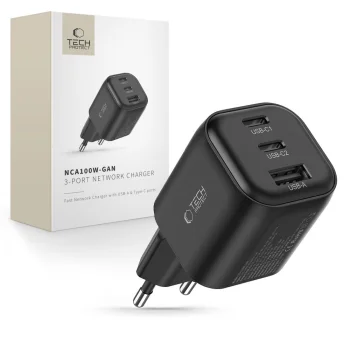 Tech-Protect NCA100W-GaN 100W Wall Charger (2x USB-C, 1x USB-A) - Black