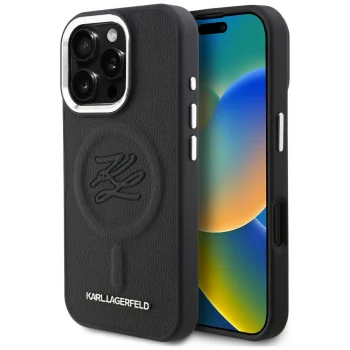 Karl Lagerfeld Initial & Metal Logo MagSafe dėklas telefonui iPhone 16 Pro, juodas