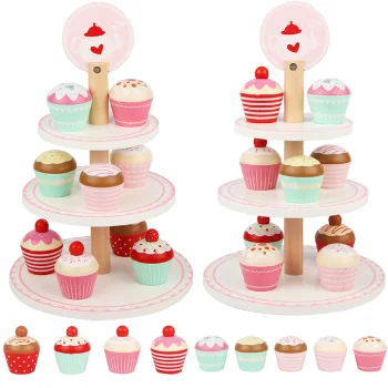 Wooden Play Set Tiered Cake Stand with Cupcakes KZ0821