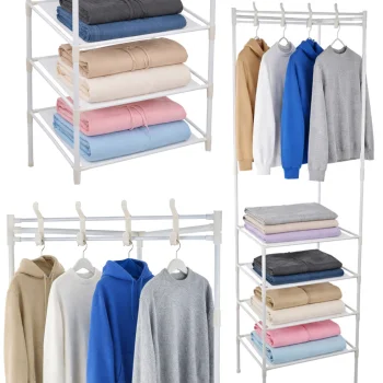 Corner Standing Coat Rack with 3 Shoe Shelves, Metal, White