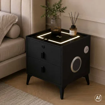 Smart Bedside Table with Fingerprint Lock and Wireless Charging, Black