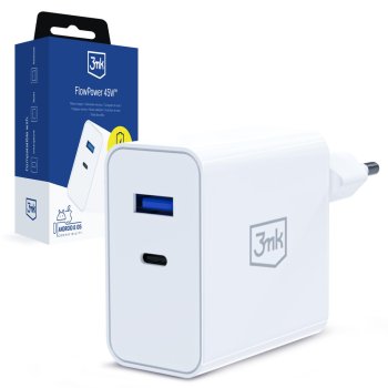 3Mk Protection FlowPower 45W Wall Charger, USB-A / USB-C, White