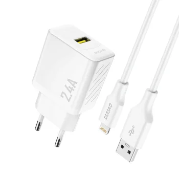Dudao A23LEU GaN USB-A Wall Charger 2.4A with USB-A to Lightning Cable - White