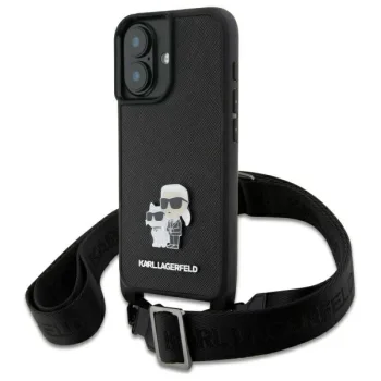 Karl Lagerfeld iPhone 16 Case Saffiano Karl&Choupette Metal Pin with Strap, Black