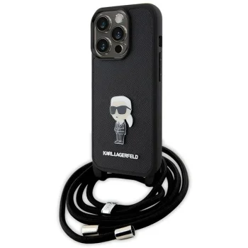 Karl Lagerfeld iPhone 15 Pro Case Saffiano Ikonik Monogram Crossbody, Black