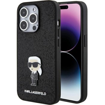 Apple iPhone 15 Pro 6.1" Karl Lagerfeld Fixed Glitter Choupette Logo Metal Pin Case Cover, Black