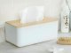 Tissue Box Holder with Bamboo Lid, Modern Dispenser for Bathroom and Office, White