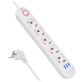Maclean MCE395 W Power Strip, 5 Outlets, 3x USB, 1.5m, White