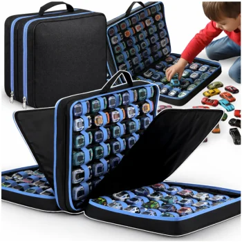 Toy Car Organizer Travel Bag for 96 Hot Wheels Cars, black-blue