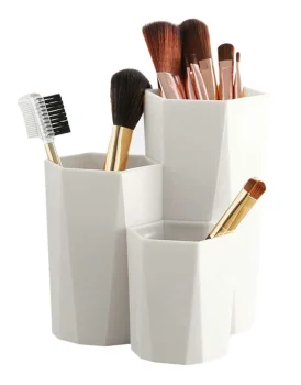 Makeup Brush and Cosmetic Organizer, 3 Compartments, Cream