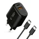 Tech-Protect NCA45W-GAN 45W 2-Port Wall Charger with USB-C Cable, Black