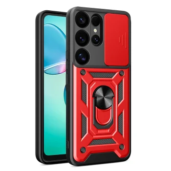Hybrid Armor Camshield Case for Samsung Galaxy S25 Ultra, Red