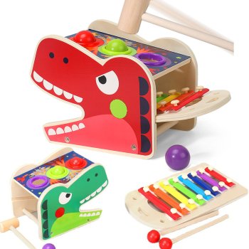 Wooden T-Rex Dinosaur Toy with Hammer, Sorter and Xylophone Jhtoy-564