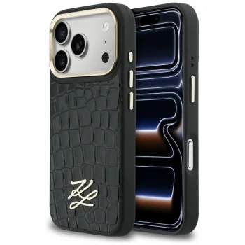 Karl Lagerfeld Croco KL Script Logo MagSafe Phone Case Cover iPhone 17 Pro Max - Black