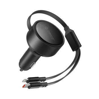 Orico Dual Stretch 60W Car Charger with Retractable USB-C & Lightning Cables, Black