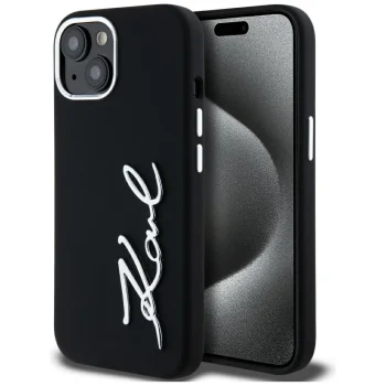 Karl Lagerfeld Silicone Metal Script Logo Case for iPhone 15 - Black