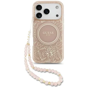 Guess IML Flowers Electro Pearl Strap MagSafe Case for iPhone 17 Pro, Pink