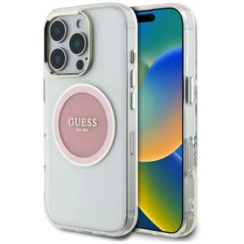 Dėklas Guess IML Metal Colored Circle Classic Logo MagSafe iPhone 16 Pro, rožinis