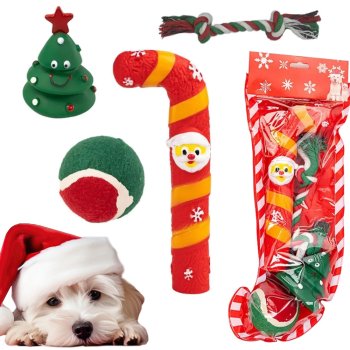 Christmas Dog Toy Set 4 Pack with Rope Tug and Squeaky Chew Toys for Dogs