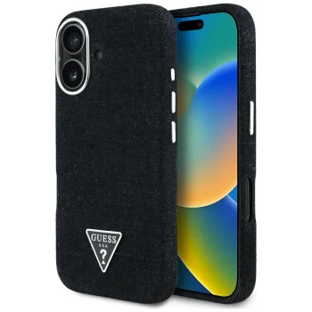 Dėklas Guess Denim Triangle Logo MagSafe skirtas iPhone 16, juodas