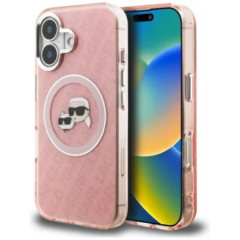 Karl Lagerfeld IML Glitter Karl & Choupette Heads MagSafe dėklas telefonui iPhone 16, rožinis