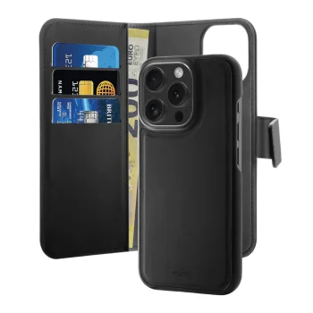 Atverčiamasis dėklas Puro Wallet Detachable MagSafe 2in1 skirtas iPhone 16 Pro, juodas