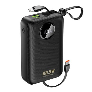 Dudao K14+ Power Bank 20000mAh 22.5W with Built-in USB-C/Lightning Cables, Black