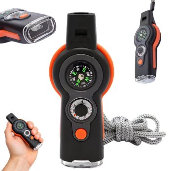 Daudzfunkcionāla izdzīvošanas svilpe ar kompasu un lukturīti, melni oranža