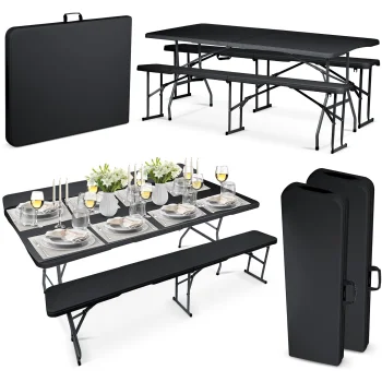 Plonos Folding Catering Table and 2 Benches Set 180cm Black